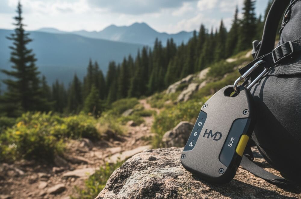 Lokalizator HMD OffGrid z przyciskiem SOS przypięty do plecaka znajduje się na górskim szlaku podczas wędrówki poza zasięgiem sieci 