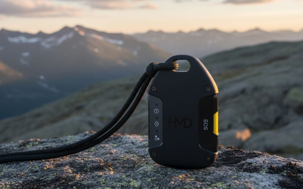 Lokalizator HMD OffGrid z przyciskiem SOS stoi na skale w górach podczas komunikacji satelitarnej i wypraw terenowych.
