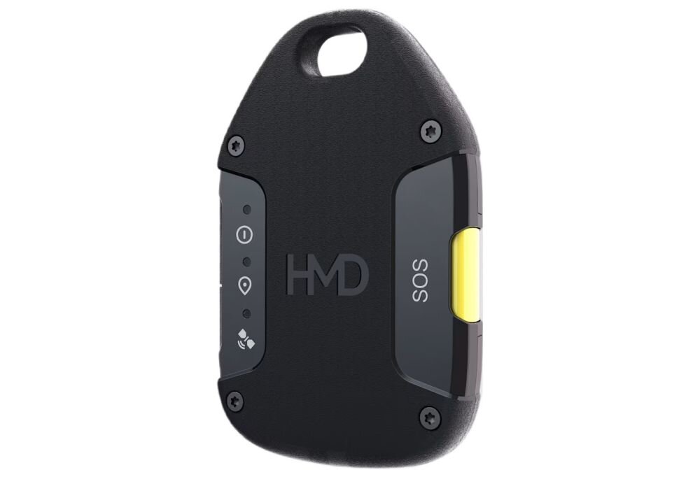 Lokalizator HMD OffGrid z przyciskiem SOS prezentuje kompaktową obudowę z uchwytem do przypięcia na jasnym tle produktowym.