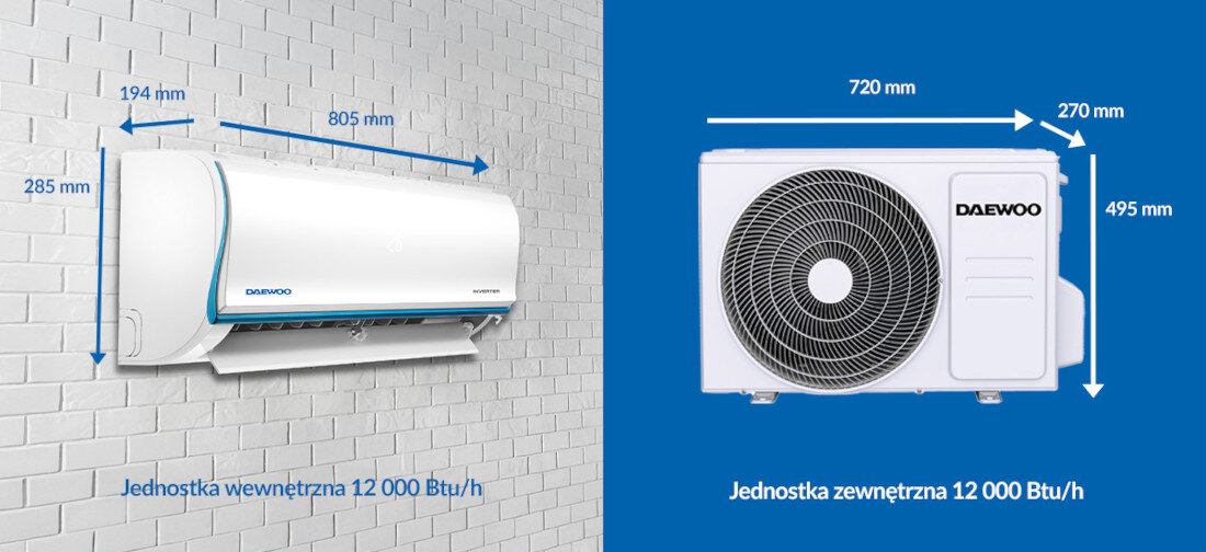 Klimatyzator Split, Pompa ciepła powietrze - powietrze DAEWOO SAF12M1WR30 Lekki i dyskretny design do 31m² moc klasa energetyczna chłodzenie grzanie komfor cicha praca wymiary biała kolorystyka kolor