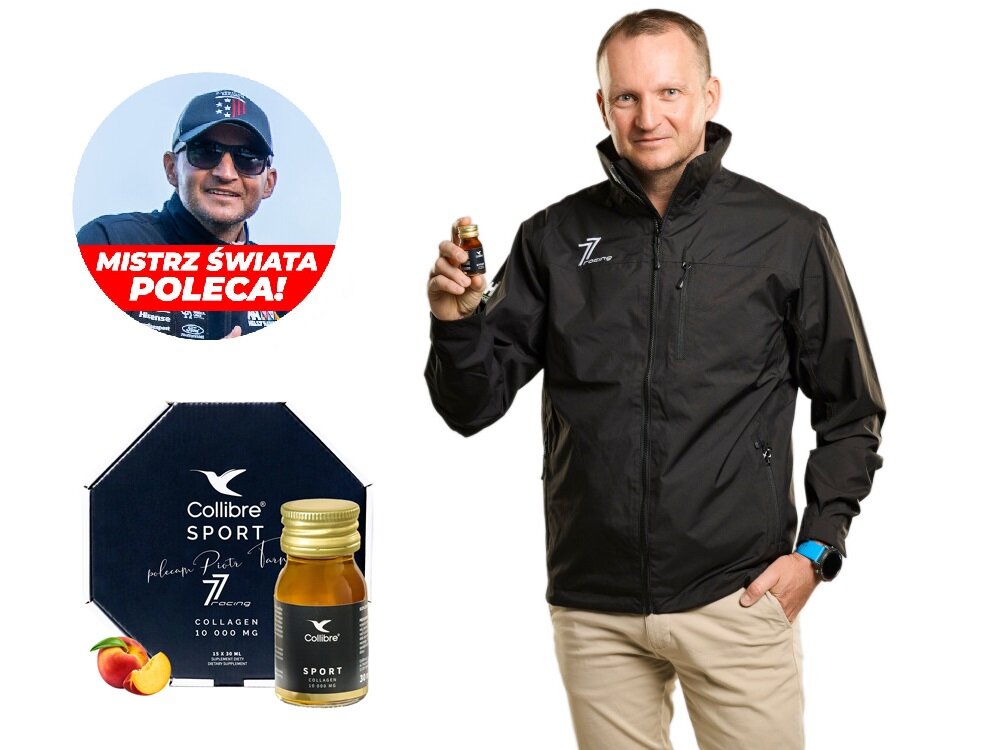 Kolagen COLLIBRE Sport shot 15 x 30 ml białe tło osoba trzyma w dłoni jedną buteleczkę kolagenu obok zdjęcie w kółku Piotra Tarnackiego z podpisem mistrz świata poleca poniżej zdjęcie pudełka butelki i brzoskwini suplement we współpracy z Piotrem Tarnackim, 11-krotnym mistrzem świata w żeglarstwie koncentrat doświadczenia i ducha rywalizacji wspiera prawidłowe funkcjonowanie stawów i mięśni wzmacnia kości wspomaga produkcję kolagenu