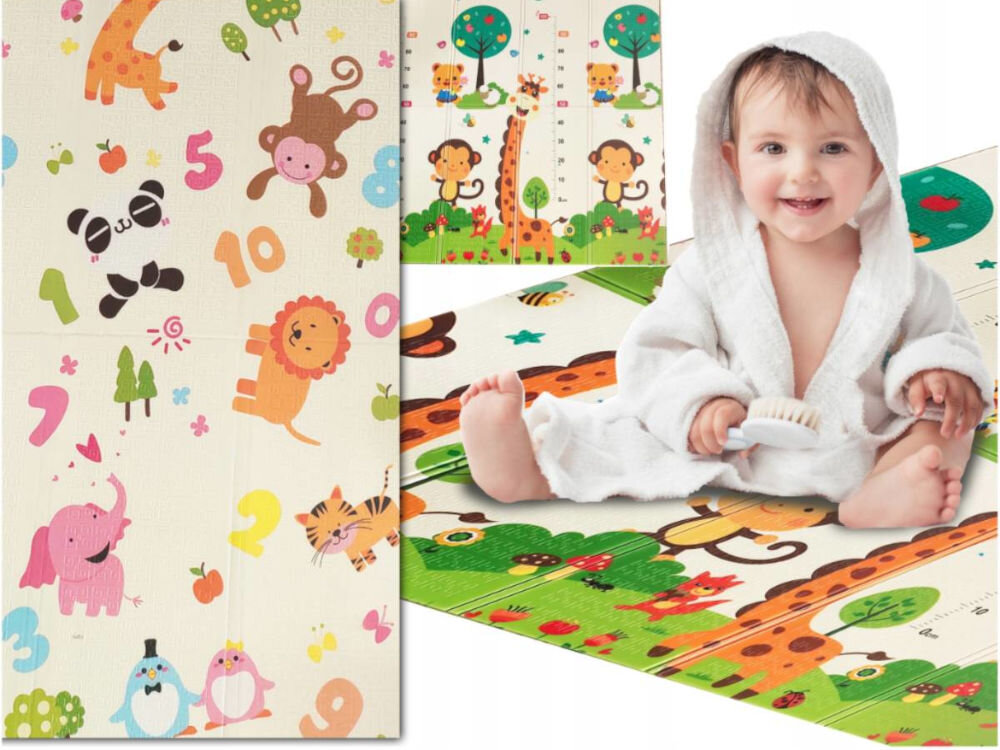 Mata piankowa EXTRALINK 4329 Składana 150 x 200 x 1 cm Kolaż prezentujący dwustronną matę edukacyjną dla niemowląt. Widoczne radosne niemowlę w białym szlafroku siedzące na macie oraz detale wzorów: kolorowe zwierzęta, cyfry i miarka wzrostu z żyrafą.