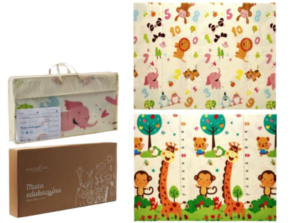 Mata piankowa EXTRALINK 4329 Zestaw maty edukacyjnej Extralink z akcesoriami. Widoczna rozłożona mata z obu stron, zapakowany produkt w przezroczystej torbie z rączką oraz oryginalny karton transportowy.