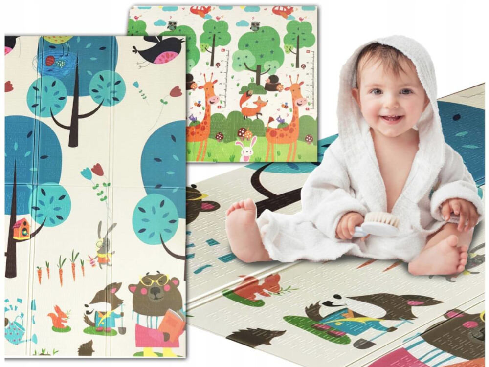 Mata piankowa EXTRALINK 4350 Kolaż prezentujący uśmiechnięte niemowlę w białym szlafroku na tle maty edukacyjnej z motywem leśnym (niedźwiedź, lis, zające).