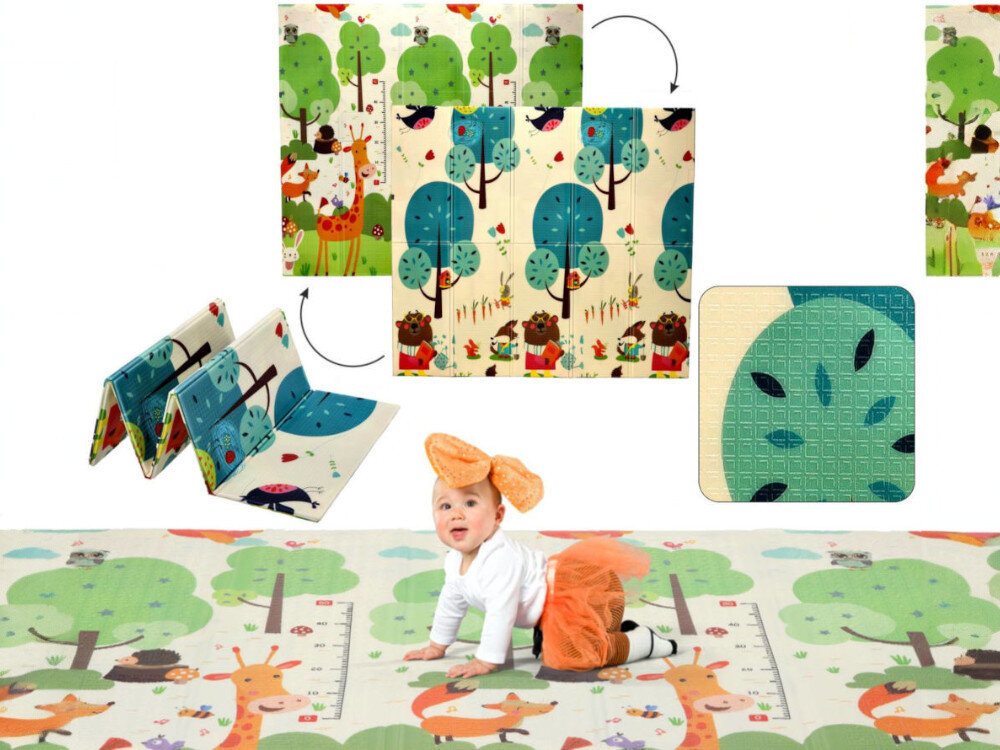 Mata piankowa EXTRALINK 4350 Grafika pokazująca niemowlę raczkujące po macie z miarką wzrostu oraz prezentacja sposobu składania maty piankowej w harmonijkę.