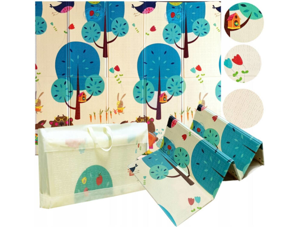 Mata piankowa EXTRALINK 4350 Składana mata edukacyjna obok dopasowanej torby do przechowywania, ze zbliżeniami na detale graficzne: budkę dla ptaków, kwiaty i teksturę pianki.