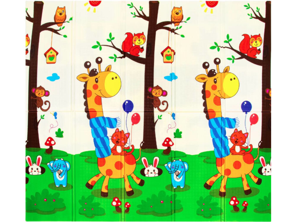 Mata piankowa EXTRALINK 4336 Kolorowa mata piankowa dla dzieci z nadrukiem przedstawiającym wesołą żyrafę w niebieskim szaliku, słonia, zająca i inne leśne zwierzęta na tle drzew.