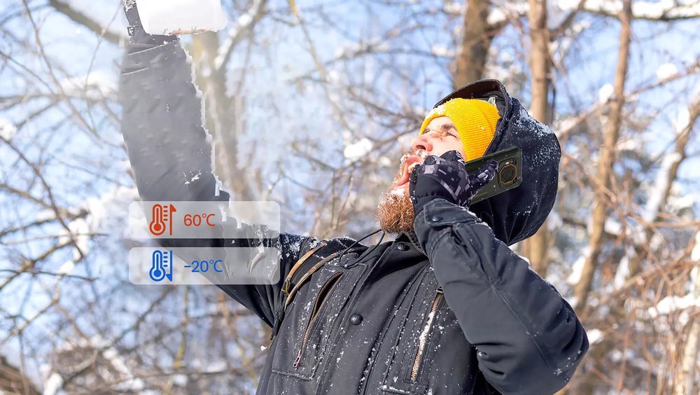 Smartfon BLACKVIEW BV6200 Plus człowiek krzyczy na śniegu IP68, IP69K oraz MIL-STD-810H Wzmocnione rogi i konstrukcja odporna na wstrząsy   