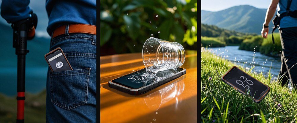 Smartfon OSCAL Marine 1 3 ujęcia pokazujące odporność  