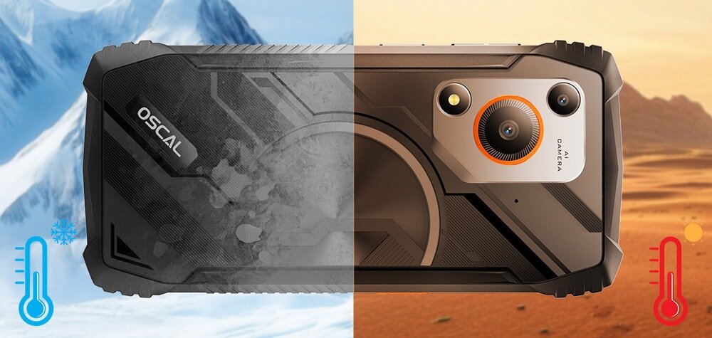 Smartfon OSCAL Marine 1 na tle pustyni i lodowca  