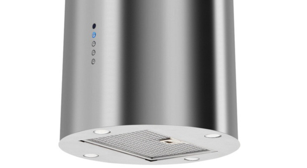 OKAP AKPO WK-12 ISLA BALMERA SLIM Na zdjęciu widać fragment srebrnego, cylindrycznego okapu kuchennego z widocznym rzędem przycisków sterujących na obudowie. U dołu znajdują się wbudowane punkty świetlne LED oraz prostokątny filtr tłuszczowy tryb wyciąg pochłaniacz filtry węglowe usuwanie zapachów opary