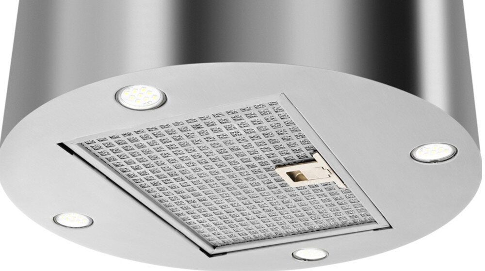 OKAP AKPO WK-12 ISLA BALMERA SLIM Na zbliżeniu pokazano dolną część cylindrycznego okapu kuchennego z oświetleniem LED w czterech narożnikach. Widać też panel sterowania z rzędami przycisków oraz centralnie umieszczony filtr wydajna turbina cicha praca sterowanie prędkości świeże powietrze intuicyjna obsługa