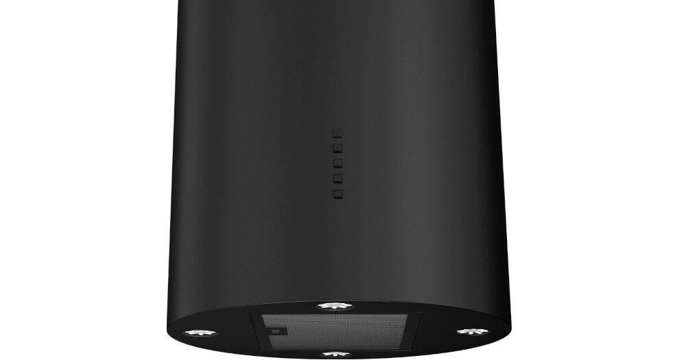 OKAP AKPO WK-12 ISLA BALMERA SLIM Na zdjęciu widać fragment czarnego, cylindrycznego okapu kuchennego z widocznym rzędem przycisków sterujących na obudowie. U dołu znajdują się wbudowane punkty świetlne LED oraz prostokątny filtr tłuszczowy tryb wyciąg pochłaniacz filtry węglowe usuwanie zapachów opary