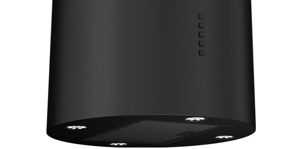 OKAP AKPO WK-12 ISLA BALMERA SLIM Na zbliżeniu pokazano dolną część czarnego, cylindrycznego okapu kuchennego z oświetleniem LED w czterech narożnikach. Widać też panel sterowania z rzędami przycisków oraz centralnie umieszczony filtr wydajna turbina cicha praca sterowanie prędkości świeże powietrze intuicyjna obsługa