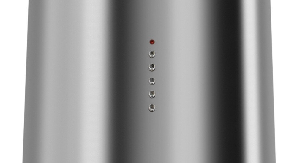 OKAP AKPO WK-4 Isla Balmera Slim Na zdjęciu widać fragment czarnego, cylindrycznego okapu kuchennego z widocznym rzędem przycisków sterujących na obudowie. U dołu znajdują się wbudowane punkty świetlne LED oraz prostokątny filtr tłuszczowy tryb wyciąg pochłaniacz filtry węglowe usuwanie zapachów opary