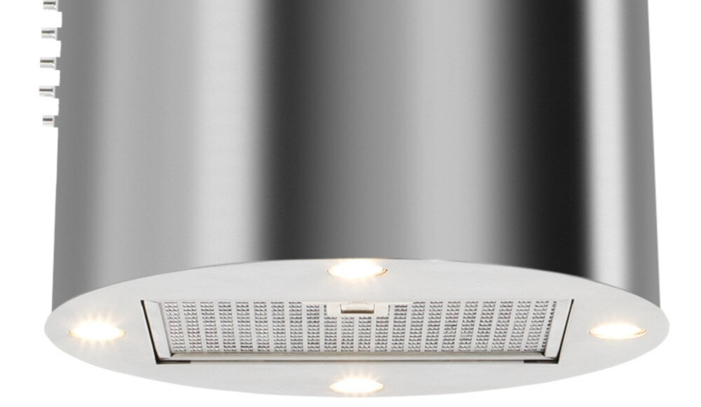 OKAP AKPO WK-4 Isla Balmera Slim Na zbliżeniu pokazano dolną część czarnego, cylindrycznego okapu kuchennego z oświetleniem LED w czterech narożnikach. Widać też panel sterowania z rzędami przycisków oraz centralnie umieszczony filtr wydajna turbina cicha praca sterowanie prędkości świeże powietrze intuicyjna obsługa