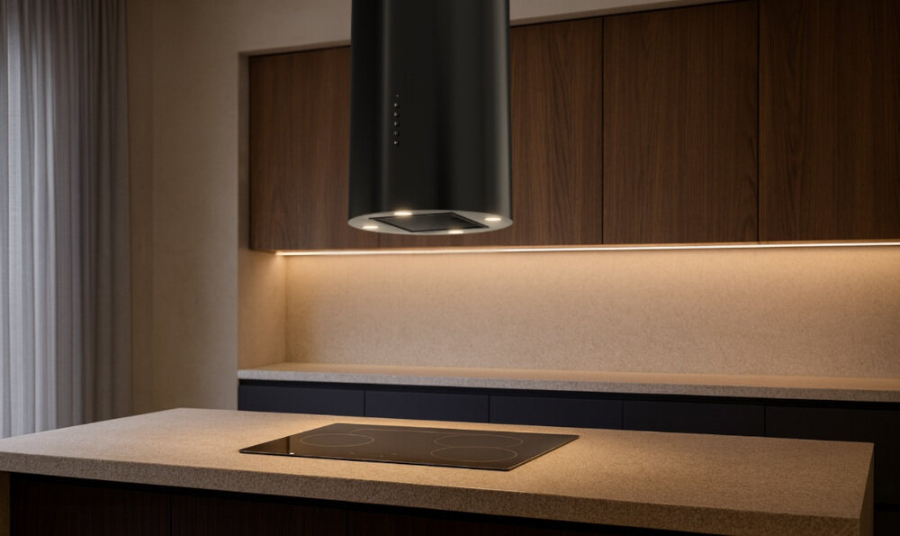 OKAP AKPO WK-4 Isla Balmera Slim Na zdjęciu widać kuchnię z czarnym, cylindrycznym okapem sufitowym zawieszonym nad blatem. W tle znajdują się jasne szafki, zlew z czarną baterią oraz dekoracje w postaci wazonu z gałązkami i butelek.