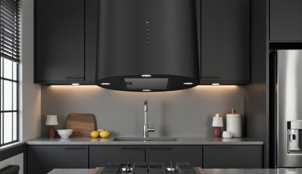 OKAP AKPO WK-4 Isla Balmera Slim Na zdjęciu widać przestronną kuchnię w ciemnej kolorystyce z dużym, czarnym okapem wyspowym zawieszonym nad wyspą kuchenną. W tle znajdują się długie blaty robocze, zabudowa z piekarnikiem, duże okna z widokiem na zieleń oraz dwa zlewy z wysokimi bateriami smukły design minimalistyczny elegancja styl industrialny proporcje