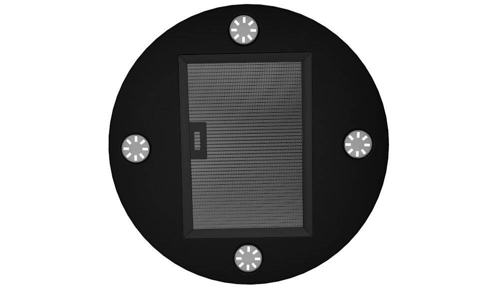 OKAP AKPO WK-4 Isla Balmera Slim Na zbliżeniu pokazano dolną część czarnego, cylindrycznego okapu kuchennego z oświetleniem LED w czterech narożnikach. Widać też panel sterowania z rzędami przycisków oraz centralnie umieszczony filtr wydajna turbina cicha praca sterowanie prędkości świeże powietrze intuicyjna obsługa