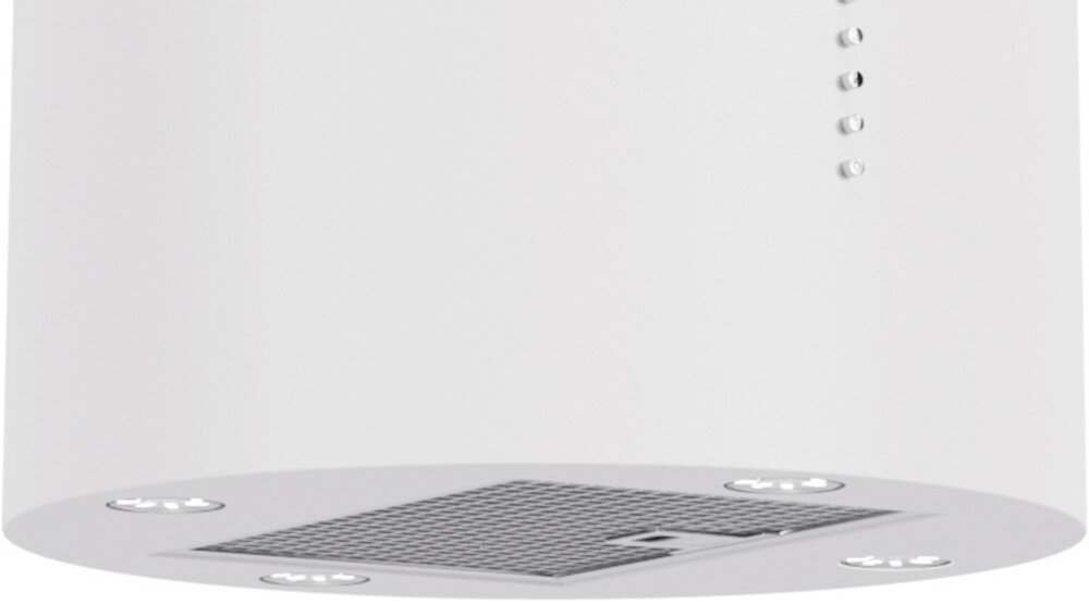 OKAP AKPO WK-4 Isla Balmera Slim Na zbliżeniu pokazano dolną część czarnego, cylindrycznego okapu kuchennego z oświetleniem LED w czterech narożnikach. Widać też panel sterowania z rzędami przycisków oraz centralnie umieszczony filtr wydajna turbina cicha praca sterowanie prędkości świeże powietrze intuicyjna obsługa