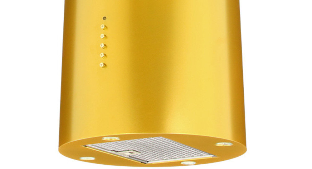 OKAP AKPO WK-4 Isla Balmera Slim Na zbliżeniu pokazano dolną część czarnego, cylindrycznego okapu kuchennego z oświetleniem LED w czterech narożnikach. Widać też panel sterowania z rzędami przycisków oraz centralnie umieszczony filtr wydajna turbina cicha praca sterowanie prędkości świeże powietrze intuicyjna obsługa