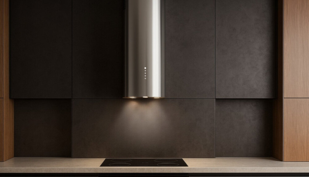 OKAP AKPO WK-12 Balmera WL Slim Na zdjęciu widać kuchnię z czarnym, cylindrycznym okapem sufitowym zawieszonym nad blatem. W tle znajdują się jasne szafki, zlew z czarną baterią oraz dekoracje w postaci wazonu z gałązkami i butelek.