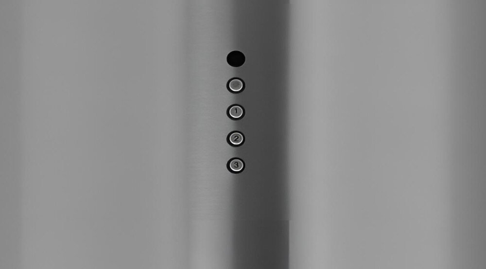 OKAP AKPO WK-12 Balmera WL Slim Na zdjęciu widać fragment czarnego, cylindrycznego okapu kuchennego z widocznym rzędem przycisków sterujących na obudowie. U dołu znajdują się wbudowane punkty świetlne LED oraz prostokątny filtr tłuszczowy tryb wyciąg pochłaniacz filtry węglowe usuwanie zapachów opary