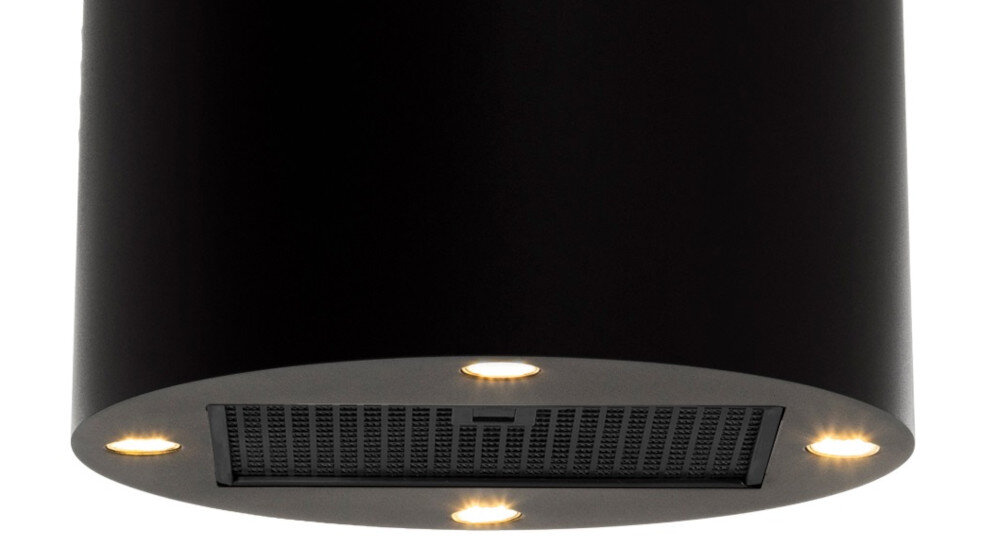 OKAP AKPO WK-12 Balmera WL Slim Na zbliżeniu pokazano dolną część czarnego, cylindrycznego okapu kuchennego z oświetleniem LED w czterech narożnikach. Widać też panel sterowania z rzędami przycisków oraz centralnie umieszczony filtr wydajna turbina cicha praca sterowanie prędkości świeże powietrze intuicyjna obsługa