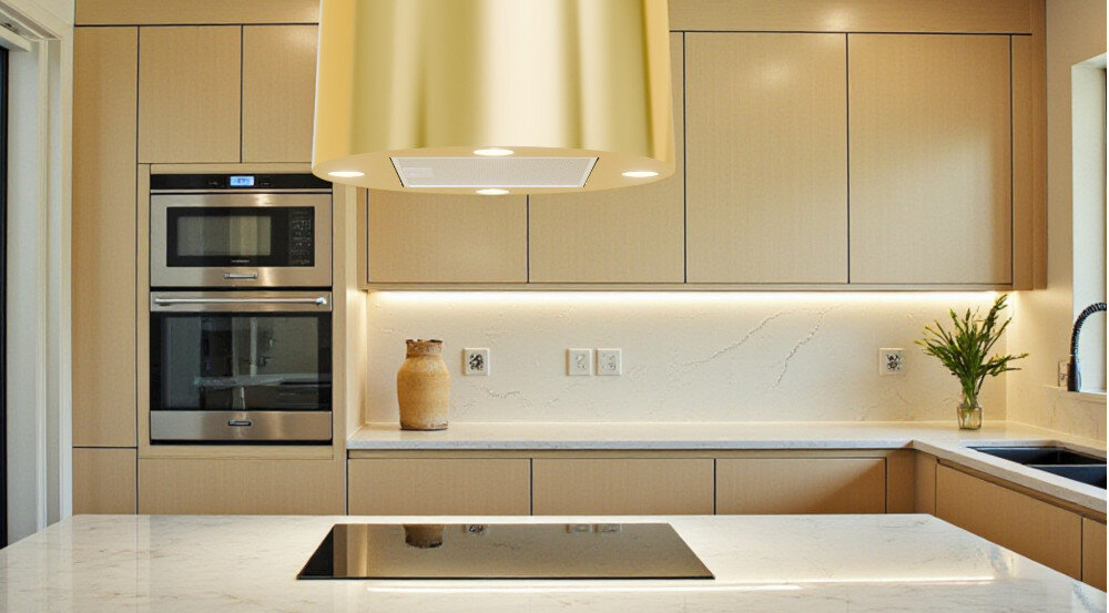 OKAP AKPO WK-12 Balmera WL Slim Na zdjęciu widać przestronną kuchnię w ciemnej kolorystyce z dużym, czarnym okapem wyspowym zawieszonym nad wyspą kuchenną. W tle znajdują się długie blaty robocze, zabudowa z piekarnikiem, duże okna z widokiem na zieleń oraz dwa zlewy z wysokimi bateriami smukły design minimalistyczny elegancja styl industrialny proporcje