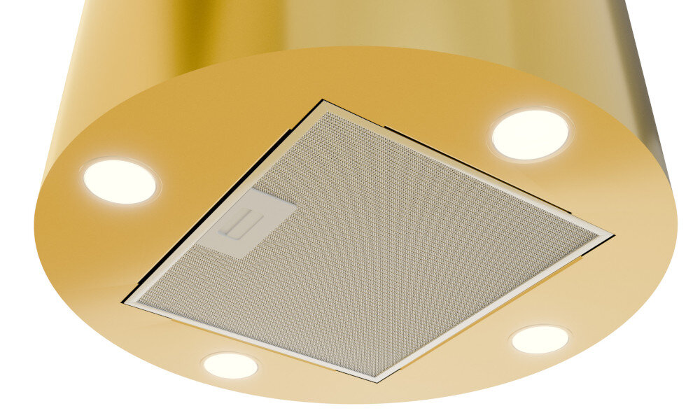 OKAP AKPO WK-12 Balmera WL Slim Na zbliżeniu pokazano dolną część czarnego, cylindrycznego okapu kuchennego z oświetleniem LED w czterech narożnikach. Widać też panel sterowania z rzędami przycisków oraz centralnie umieszczony filtr wydajna turbina cicha praca sterowanie prędkości świeże powietrze intuicyjna obsługa