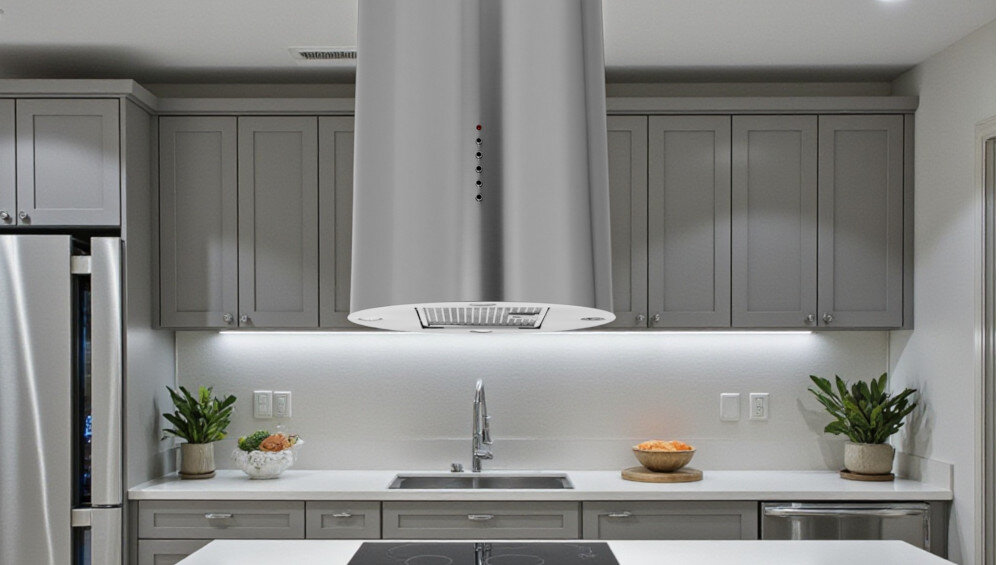 OKAP AKPO WK-4 Balmera WL Slim Nad płytą gazową zawieszony jest biały, cylindryczny okap, który oświetla blat dwoma punktami światła. Po bokach stoją szafki wiszące oraz rośliny i drewniana deska, tworząc spójną, jasną aranżację kuchni wygląd detale styl kolor biały