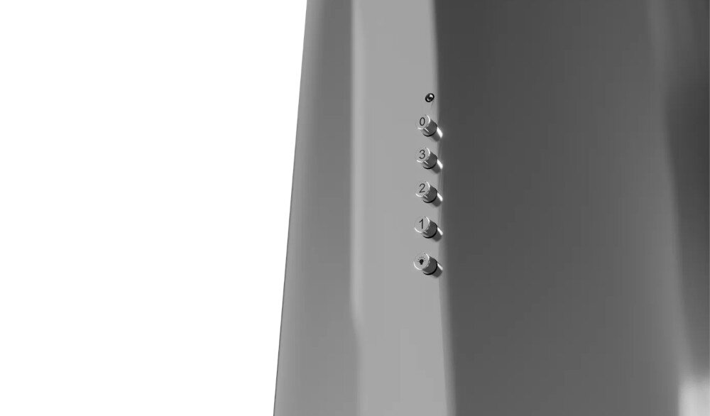 OKAP AKPO WK-4 Balmera WL Slim Na zbliżeniu widać panel sterowania białego okapu z pięcioma przyciskami oznaczonymi cyframi 0, 1, 2, 3 oraz symbolem lampki. Przyciski umożliwiają wybór prędkości pracy urządzenia oraz włączenie oświetlenia sterowanie przyciskami cicha praca 69 db wydajna łatwe sterowanie