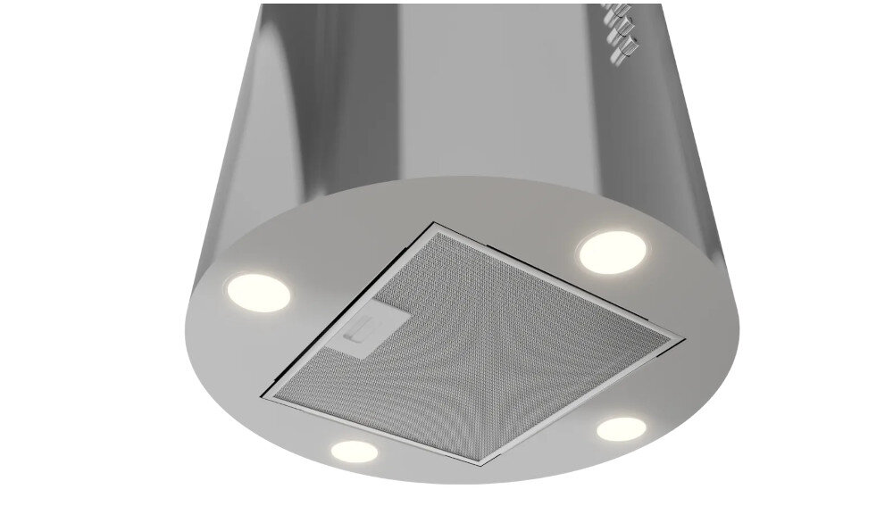 OKAP AKPO WK-4 Balmera WL Slim Pokazano dolną część białego, cylindrycznego okapu z centralnie umieszczonym metalowym filtrem przeciwtłuszczowym. Wokół filtra znajdują się trzy okrągłe punkty świetlne LED, równomiernie oświetlające płytę grzewczą światło led jasne energooszczędne oświetlenie