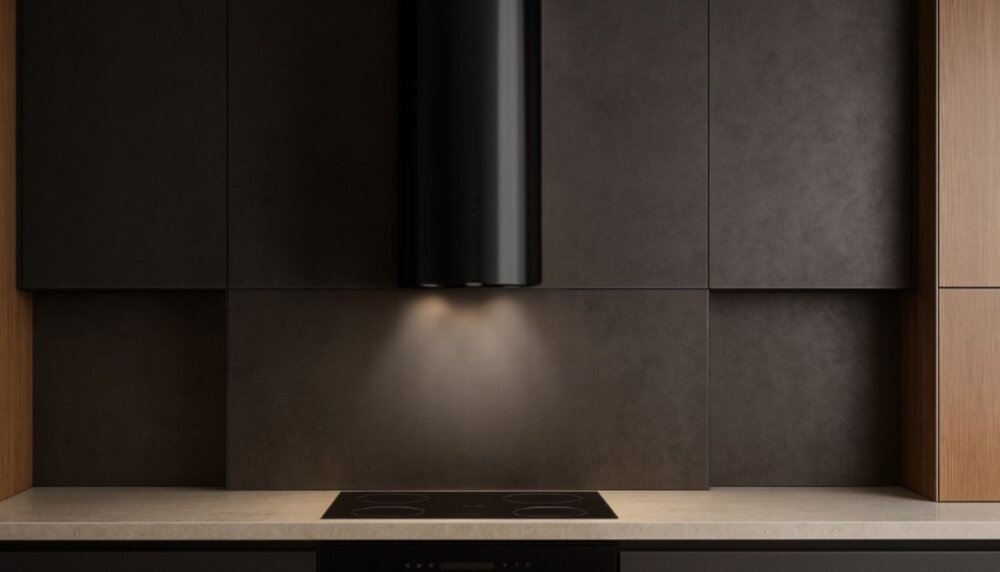 OKAP AKPO WK-4 Balmera WL Slim Nad płytą grzejną zawieszony jest biały, cylindryczny okap z panelem przycisków na froncie. Po bokach stoją wazon z gałązkami oraz drewniane akcesoria kuchenne, które ocieplają aranżację.