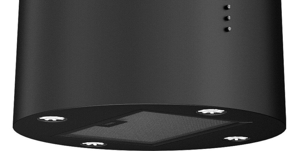 OKAP AKPO WK-4 Balmera WL Slim Pokazano dolną część białego, cylindrycznego okapu z centralnie umieszczonym metalowym filtrem przeciwtłuszczowym. Wokół filtra znajdują się trzy okrągłe punkty świetlne LED, równomiernie oświetlające płytę grzewczą światło led jasne energooszczędne oświetlenie