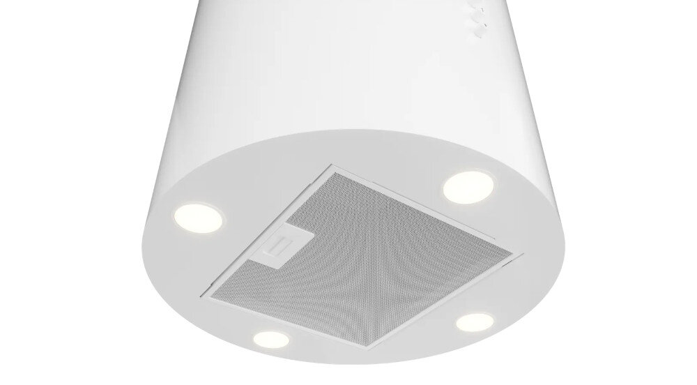 OKAP AKPO WK-4 Balmera WL Slim Pokazano dolną część białego, cylindrycznego okapu z centralnie umieszczonym metalowym filtrem przeciwtłuszczowym. Wokół filtra znajdują się trzy okrągłe punkty świetlne LED, równomiernie oświetlające płytę grzewczą światło led jasne energooszczędne oświetlenie