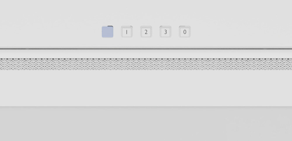 OKAP AKPO WK-12 Evita 60 Widzimy fragment białego okapu z widocznym wąskim wlotem powietrza oraz czterema przyciskami sterowania. Dolna płyta zasłaniająca mechanizm delikatnie odstaje, tworząc dyskretną linię podziału turbina wysoka wydajność soft-touch gesty sterowanie panel