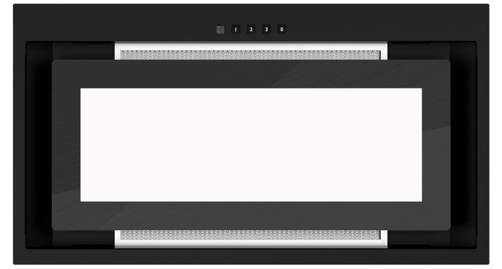 OKAP AKPO WK-12 Evita 60 Na zdjęciu widać czarny okap sufitowy marki akpo z wąskim szczelinowym wlotem powietrza. Pod spodem znajduje się podłużne oświetlenie LED, które doświetla strefę gotowania LED równomierne oświetlenie energooszczędne jasne widoczność