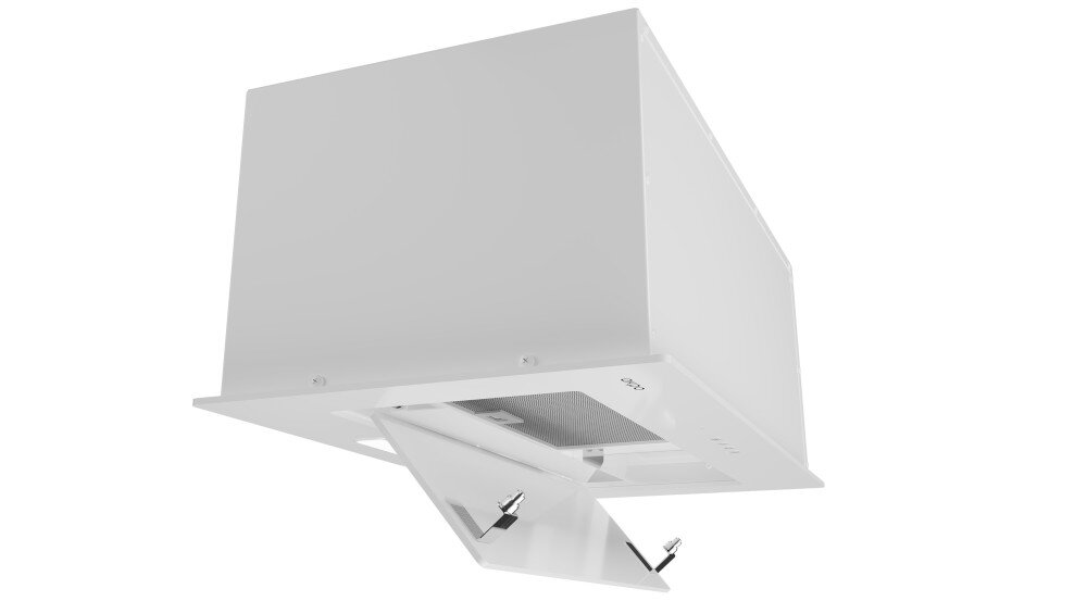 OKAP AKPO WK-7 Fabio 60 Pokazano biały okap sufitowy od spodu, z uchyloną klapą serwisową. Widoczny jest metalowy filtr przeciwtłuszczowy oraz elementy mocujące panel uchylna klapa łatwe czyszczenie filtra czyste powietrze