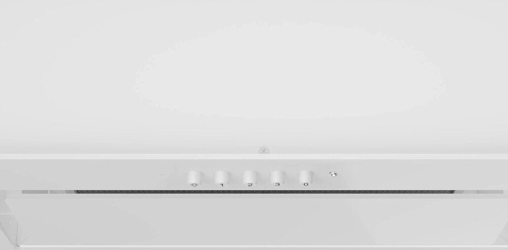 OKAP AKPO WK-7 Fabio 60 Widzimy fragment białego okapu z widocznym wąskim wlotem powietrza oraz czterema przyciskami sterowania. Dolna płyta zasłaniająca mechanizm delikatnie odstaje, tworząc dyskretną linię podziału turbina wysoka wydajność mechaniczne sterowanie panel