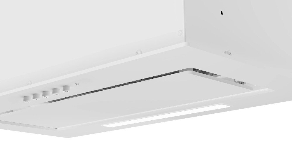 OKAP AKPO WK-7 Fabio 60 Na zdjęciu widać biały okap sufitowy marki akpo z wąskim szczelinowym wlotem powietrza. Pod spodem znajduje się podłużne oświetlenie LED, które doświetla strefę gotowania LED równomierne oświetlenie energooszczędne jasne widoczność