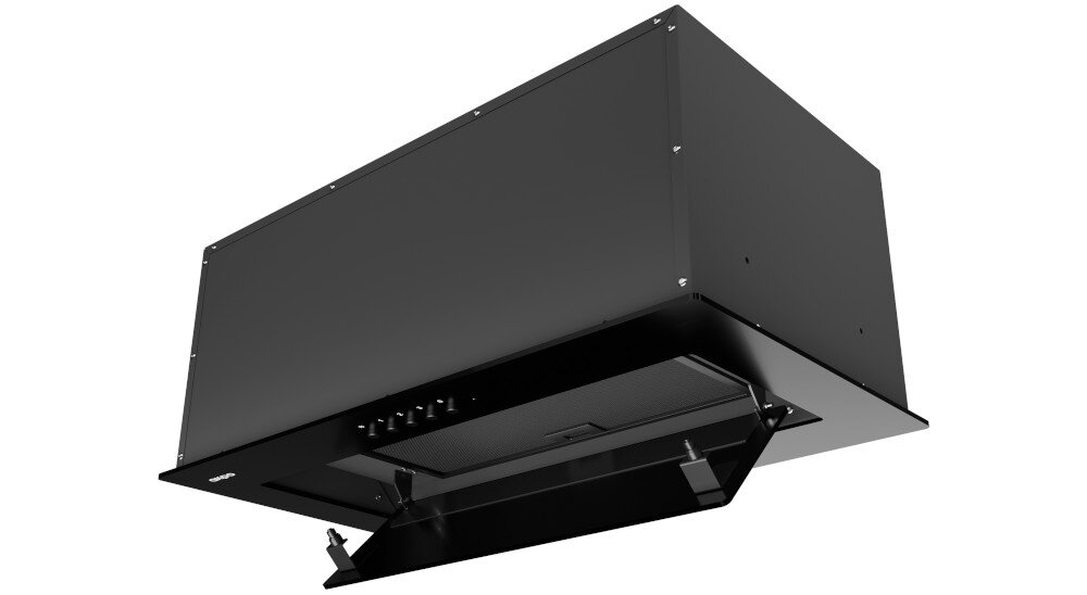 OKAP AKPO WK-7 Fabio 60 Pokazano czarny okap sufitowy od spodu, z uchyloną klapą serwisową. Widoczny jest metalowy filtr przeciwtłuszczowy oraz elementy mocujące panel uchylna klapa łatwe czyszczenie filtra czyste powietrze