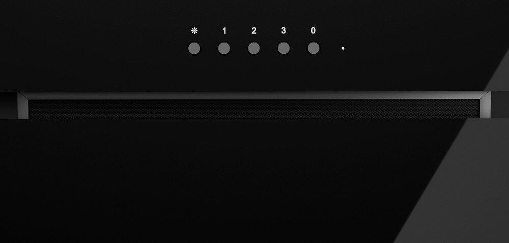 OKAP AKPO WK-7 Fabio 60 Widzimy fragment czarnego okapu z widocznym wąskim wlotem powietrza oraz czterema przyciskami sterowania. Dolna płyta zasłaniająca mechanizm delikatnie odstaje, tworząc dyskretną linię podziału turbina wysoka wydajność mechaniczne sterowanie panel