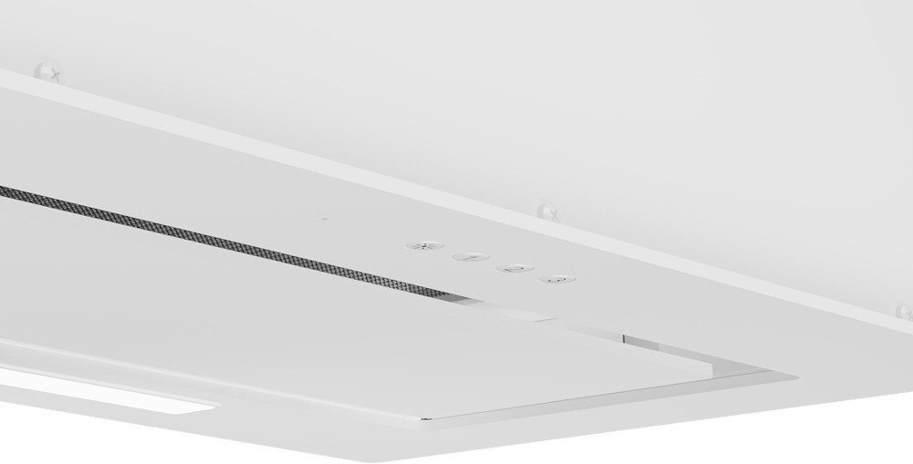 OKAP AKPO WK-11 FABIO 60 Widzimy fragment białego okapu z widocznym wąskim wlotem powietrza oraz czterema przyciskami sterowania. Dolna płyta zasłaniająca mechanizm delikatnie odstaje, tworząc dyskretną linię podziału turbina wysoka wydajność dotykowe sterowanie panel pilot