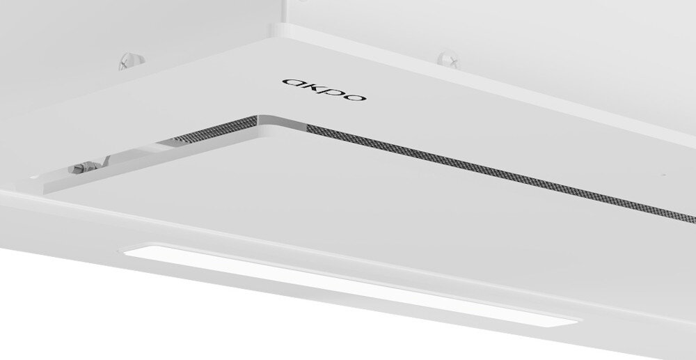 OKAP AKPO WK-11 FABIO 60 Na zdjęciu widać biały okap sufitowy marki akpo z wąskim szczelinowym wlotem powietrza. Pod spodem znajduje się podłużne oświetlenie LED, które doświetla strefę gotowania LED równomierne oświetlenie energooszczędne jasne widoczność