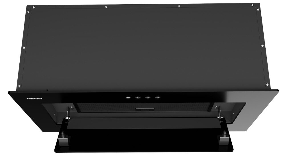 OKAP AKPO WK-11 FABIO 60 Pokazano czarny okap sufitowy od spodu, z uchyloną klapą serwisową. Widoczny jest metalowy filtr przeciwtłuszczowy oraz elementy mocujące panel uchylna klapa łatwe czyszczenie filtra czyste powietrze