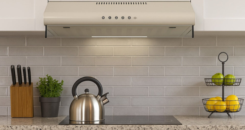 OKAP AKPO WK-7 ZK-50 Pokazuje aranżację kuchni z kremowym okapem podszafkowym nad płytą grzewczą, oświetlającym blat równą smugą światła. Na blacie ustawiono czajnik, blok z nożami, zioła w doniczce oraz metalowy stojak z owocami, co tworzy uporządkowaną strefę gotowania