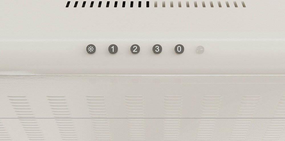 OKAP AKPO WK-7 ZK-50 Widzimy fragment kremowego okapu z pięcioma okrągłymi przyciskami na froncie, oznaczonymi symbolem światła oraz cyframi 1, 2, 3 i 0. Powyżej znajdują się podłużne szczeliny wentylacyjne, które odprowadzają powietrze z wnętrza urządzenia turbina Wydajność 278 łatwe sterowanie przyciskami mechaniczne