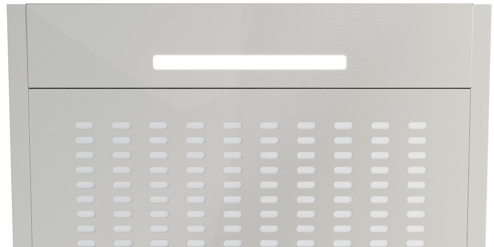 OKAP AKPO WK-7 ZK-50 Przedstawia kremowy okap podszafkowy widziany od frontu, z podłużną listwą świetlną LED w górnej części panelu oraz gęstym rzędem prostokątnych perforacji zasysających powietrze. Powierzchnia okapu jest gładka i błyszcząca, co podkreśla prostą, jednolitą formę urządzenia. światło led jasne energooszczędne oświetlenie