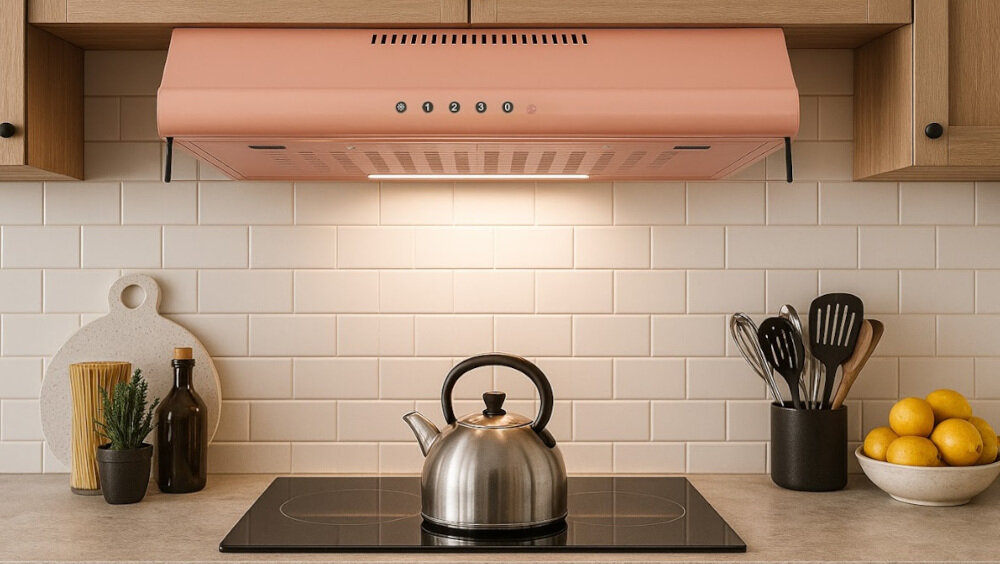 OKAP AKPO WK-7 ZK-50 Pokazuje aranżację kuchni z okapem podszafkowym nad płytą grzewczą, oświetlającym blat równą smugą światła. Na blacie ustawiono czajnik, blok z nożami, zioła w doniczce oraz metalowy stojak z owocami, co tworzy uporządkowaną strefę gotowania